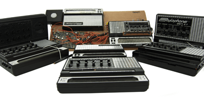 A display of the different versions of the Stylophone product.